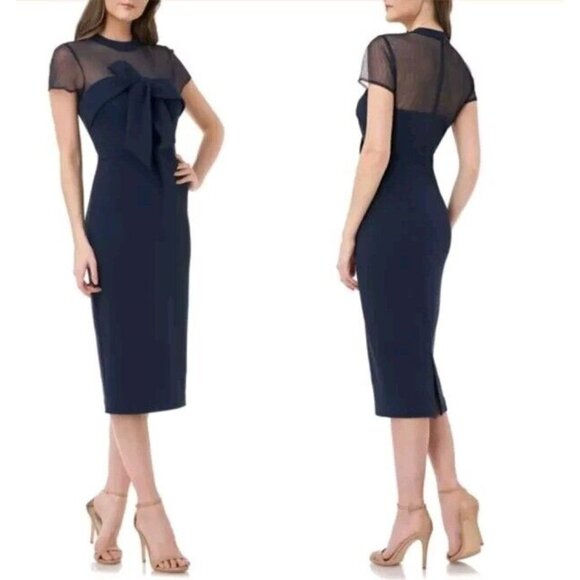 JS Collections Bow Detail Midi Dress Navy Blue Mesh Top Size 10 NWT - Picture 9 of 13